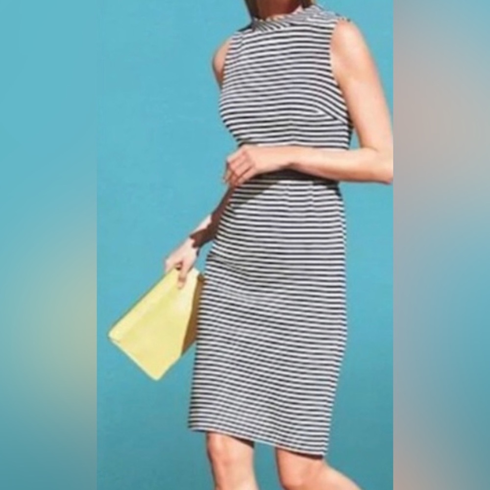 Boden Navy & White Striped Sleeveless Midi Dress – Mock Neck, Size 6P, EUC